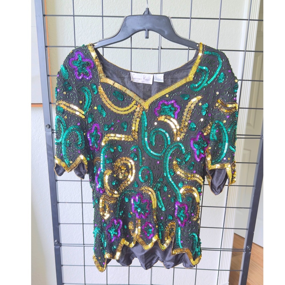 Vintage Lawrence Kazar Top Beaded Sequins Purple Green Gold Short Sleeve
